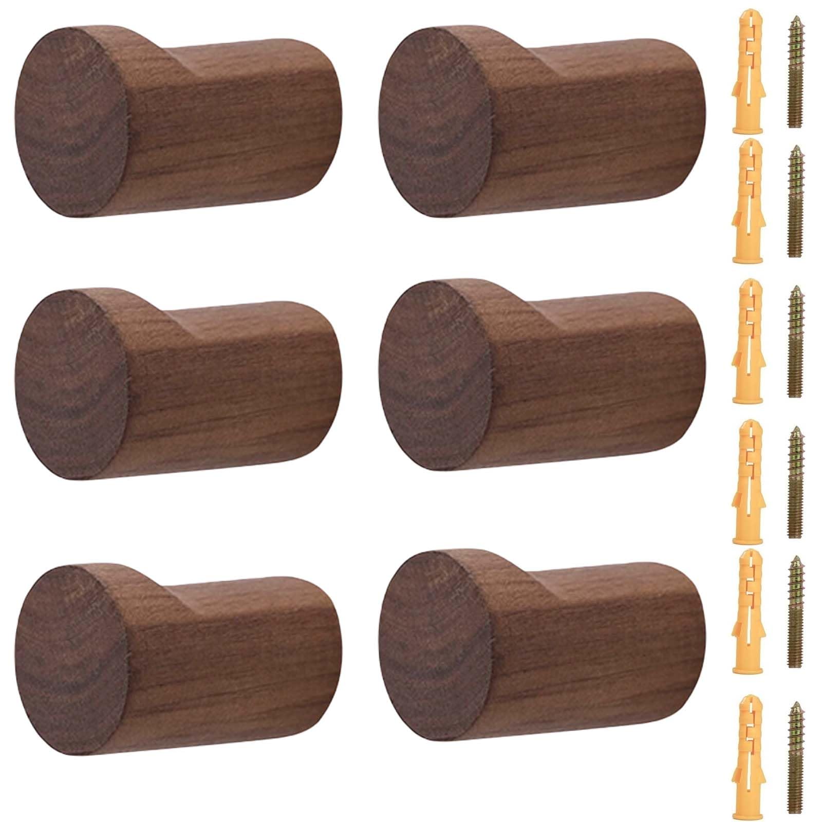 KEXYOAN 6 Pack Natural Wooden Coat Hook Wall Mount Beech Wood Decorative for Hats Bags Backpacks Wallets(Walnut,5 * 3.5cm)