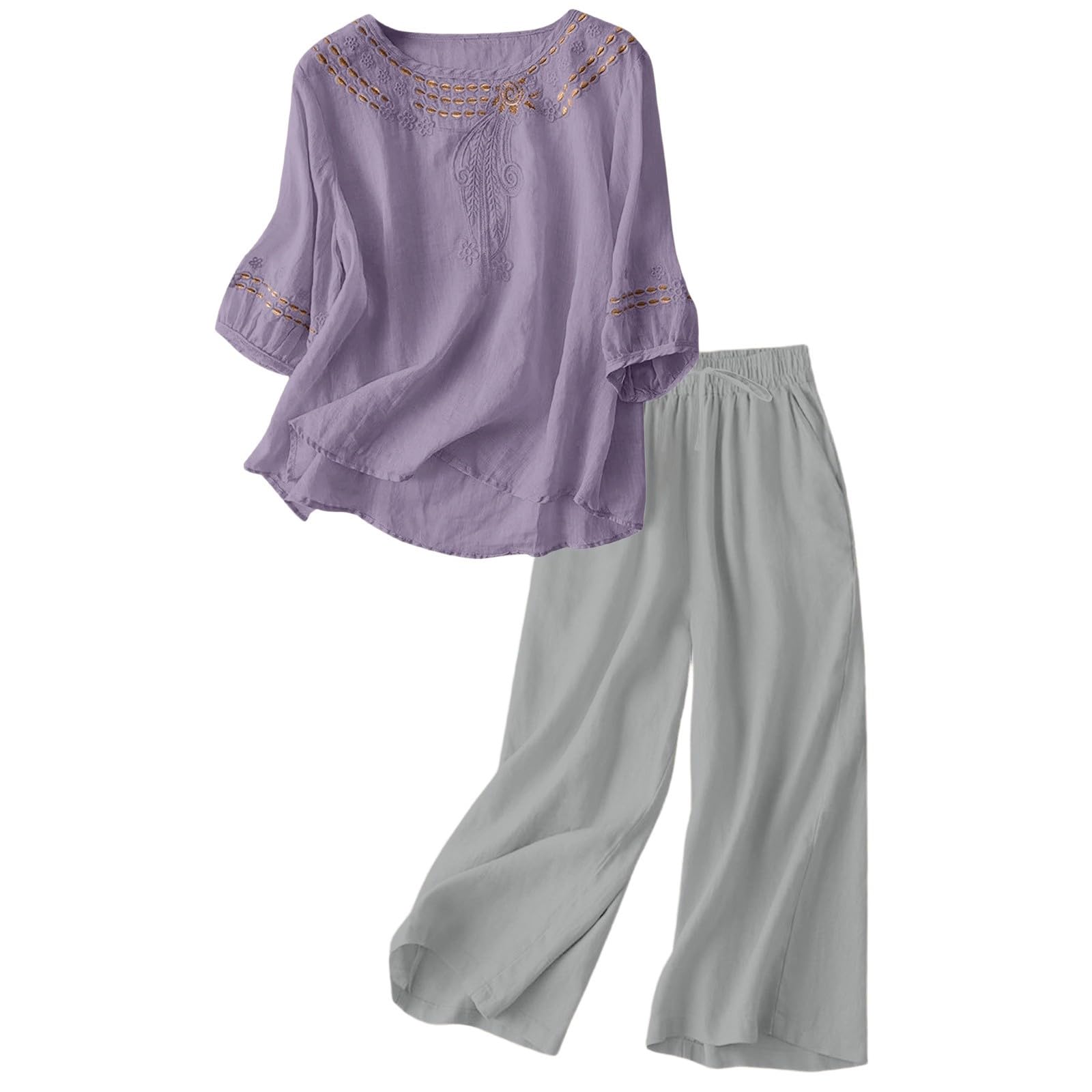 2 Piece Outfits for Women 2025 Summer Cotton Linen Casual 3/4 Sleeve Embroidered Tops and Capri Pants Matching Set