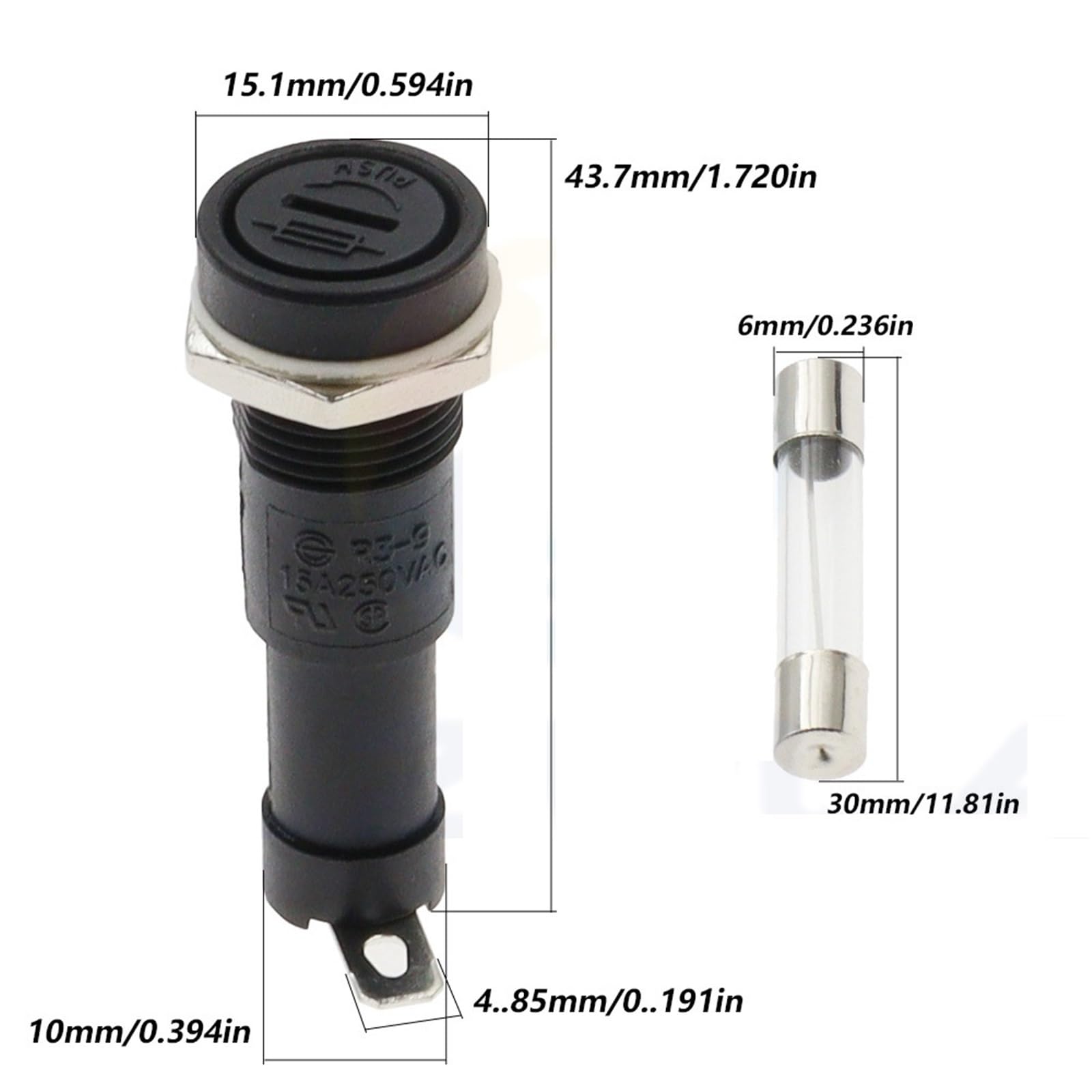 Portafusibles de chasis for montaje en panel R3-9 (5 unidades) for fusibles de vidrio de 6 x 30 mm, 15 A, 250 V, 6 x 30 mm(15A)