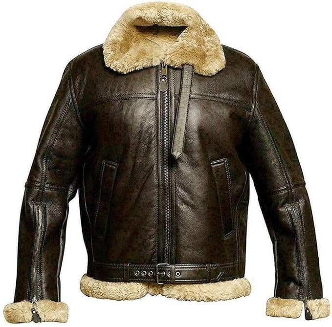 Men's RAF B3 Aviator Sheepskin Leather Jacket with Fur Collar & Adjustable Waist Belt – Mens Bomber Jacket
