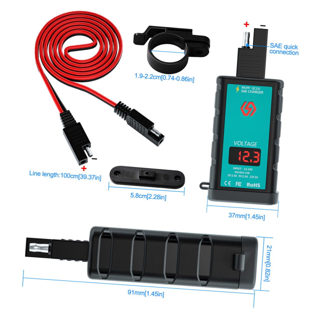 Vaguelly 1Set USB and Type C Charger with Voltmeter and Button for Motorcycles Charging Adapter with SAE Connection for Smartphones and Devices