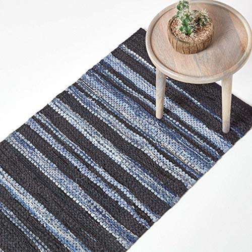 HOMESCAPES Contemporary Style Hallway Runner ‘Texas’ Navy Blue & Light Blue Leather & Recycled Cotton Hallway Rug, 66 x 200 cm