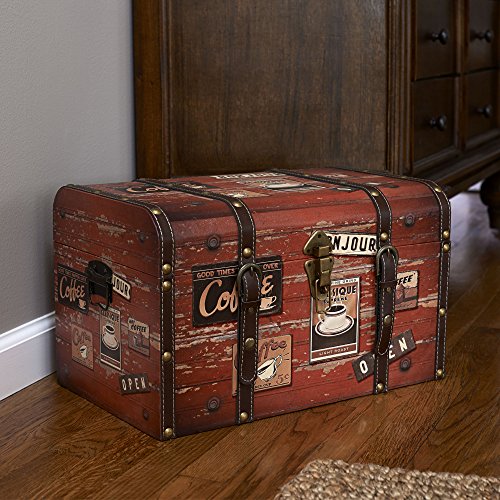 Household Essentials Medium Decorative Trunk, Coffee Shop Faux Decoupage, Antique Exterior, Leather and Metal Accents, Fabric Interior, Hinged Lid, Brown Household Essentials Medium Decorative Trunk, Coffee Shop Faux Decoupage, Antique Exterior, Leather and Metal Accents, Fabric Interior, Hinged Lid, Brown