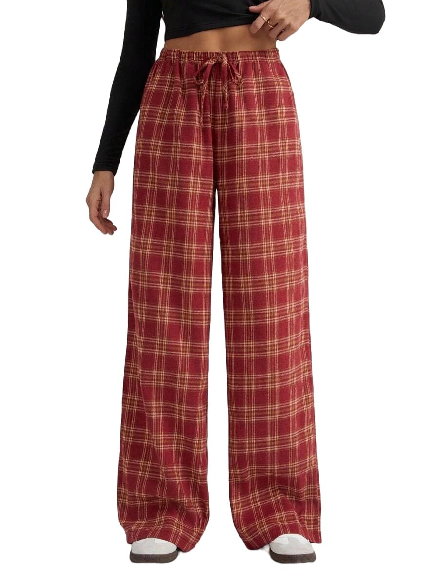 LifeShe Women Tartan Plaid Print Pants Drawstring Elastic Waist Baggy Trousers Casual Pajama Pants