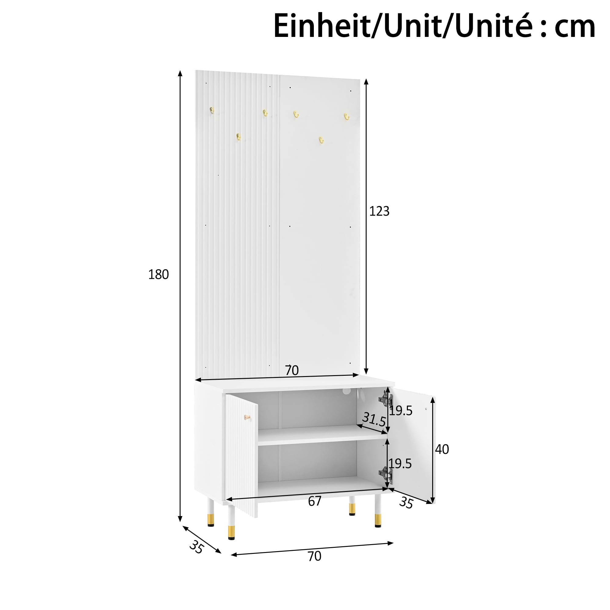 Garderobenset mit Schuhschrank und Staurschrank, kombinierte Standgarderobe mit 6 Haken und Schublade, modulares Flurmöbel für Flur, Diele und Eingangsbereich, Weiß B70xH180xT35 cm + B65xH104xT24 cm
