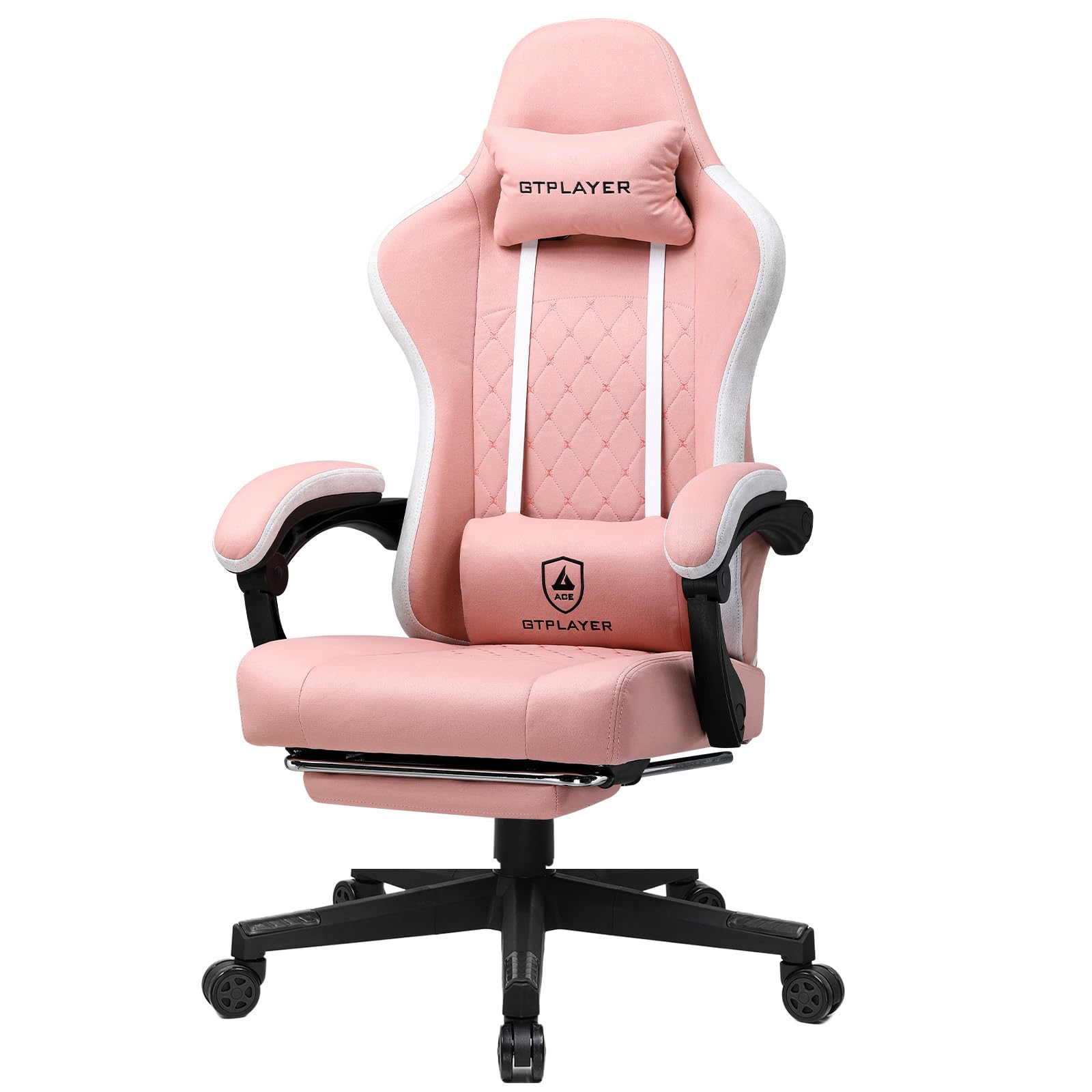 GTPLAYER Gaming Chair Ergonomic Fabric Breathable Reclining Gaming Chair with Footrest, Lumbar Cushion and Headrest Gaming Chairs Adjustable in Height for Study and Work Games Pink
