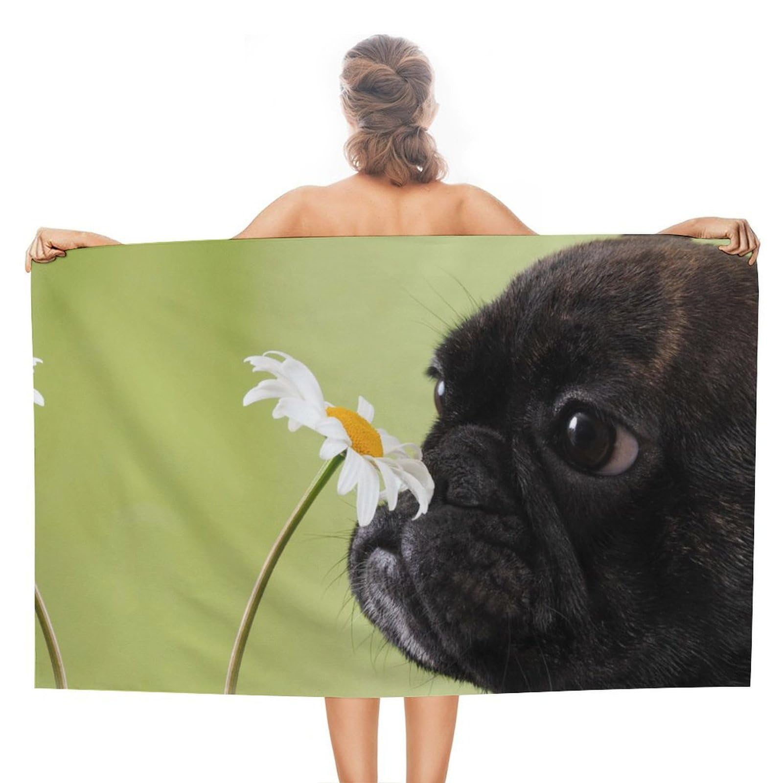 LWORZIIB Beach Towel, Dog Pattern Pug Flower Bath Towel, Absorbent Towel for Swimming, Sports, Travel