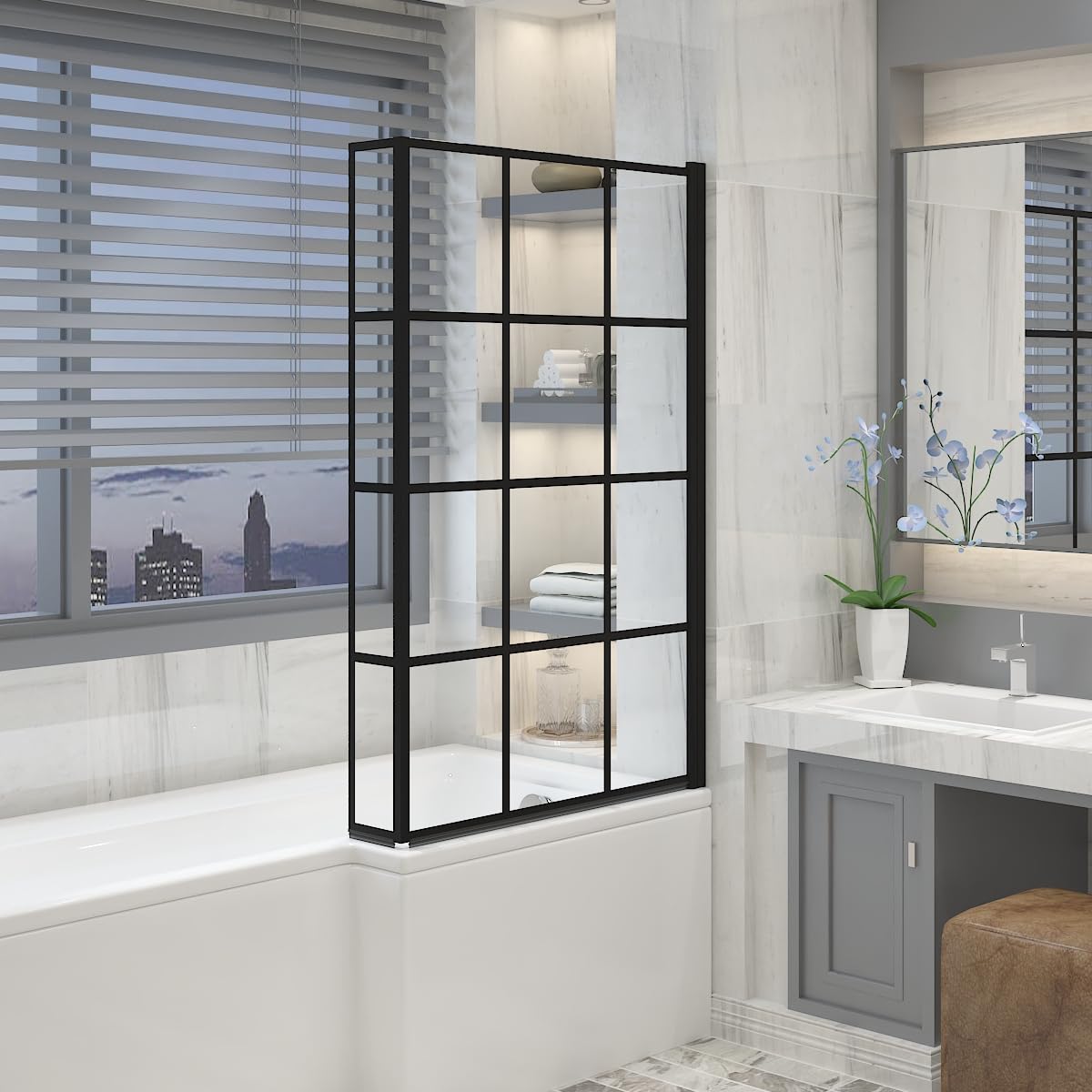 Aquariss Black Grid 1400x810mm Pivot L Shape Bath Screen with Fixed Return Panel 6mm Toughened Safety Glass Aluminium