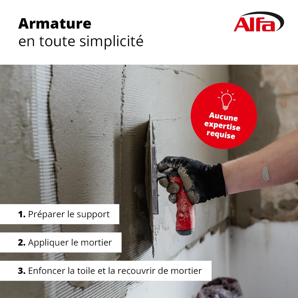 537 ALFA - Treillis en fibre de verre renforcé, 2 pièces, jaune, 500mm x 50m, 165 g/m², maille 4 x 4 mm pour enduit façade, pour éviter toutes fissures