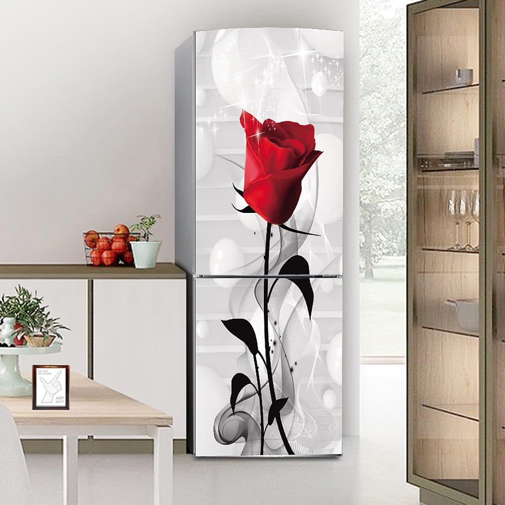 Targawerelax Red Fridge Wraps Kitchen Fridge Stickers Cover Full Doors, Fridge Sticker Full Covering Door Fridge Covers Skins Wall Stickers For Kitchen Decal, Romantic Rose