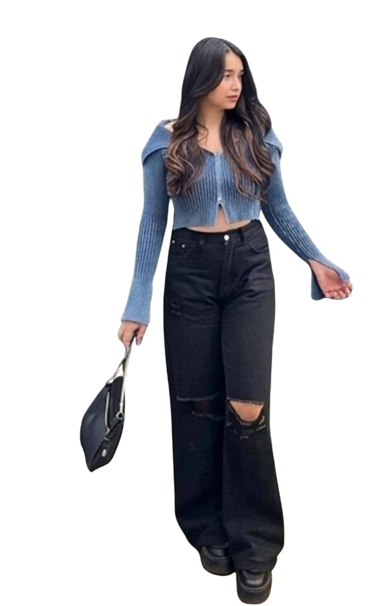 Womens Denim High Waisted Knee Cut Ripped Jeans Black Wide Leg Relaxed Fit Trousers Baggy Denim Pants for Women and Girls-picture-43