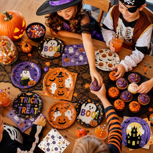 Image of LINHAXM 60 PCS Halloween Plates and Napkins Set, Halloween Party Supplies with Ghost Pumpkin Bat Plates and Napkins for Halloween Birthday Party Decorations