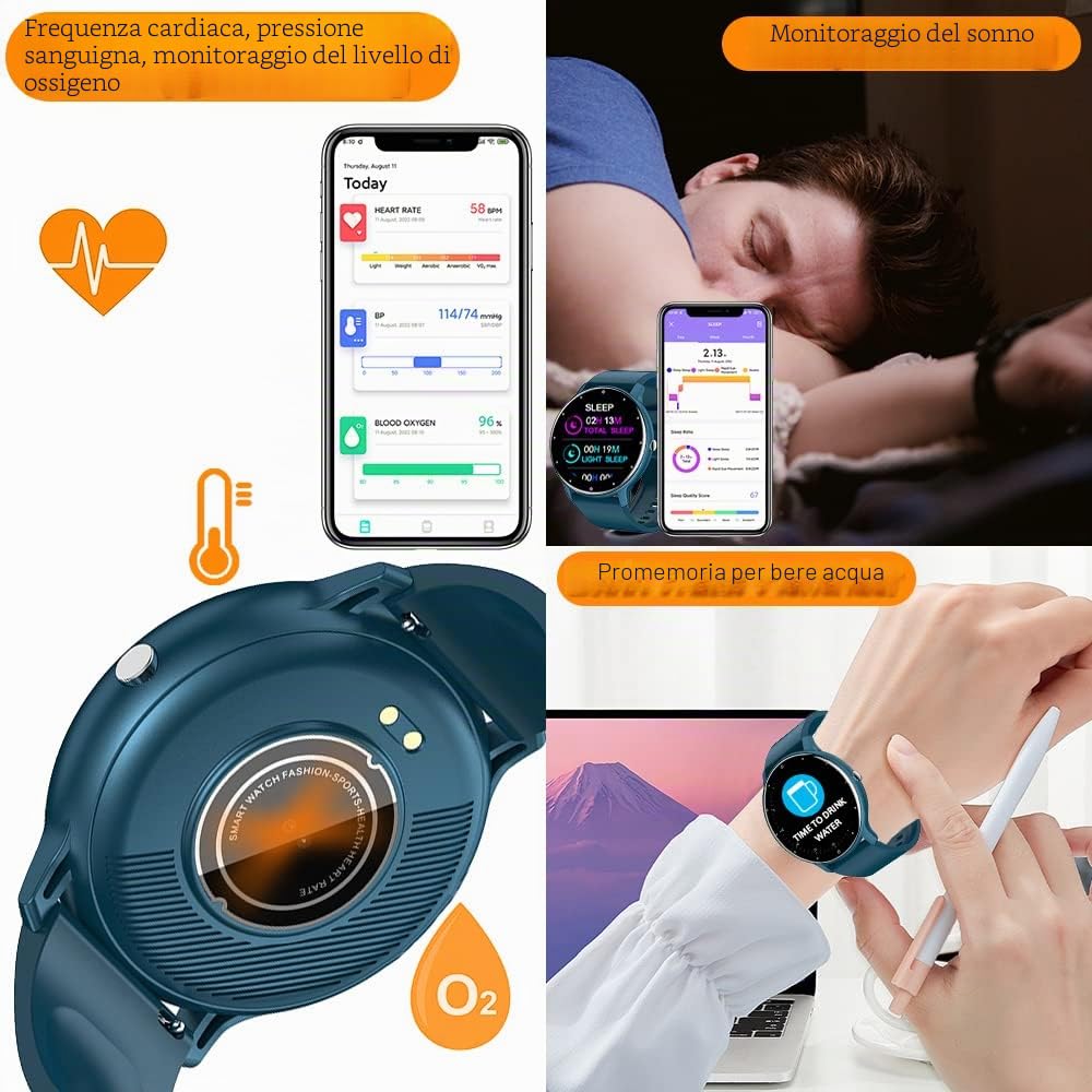 0,8cm Ultra Sottile Orologio Intelligente Tracker di Fitness Contapassi con Funzioni Monitoraggio di Frequenza Cardiaca, Pressione Sanguigna, Ossigeno nel Sangue e Sonno, Notifica Push Messaggio