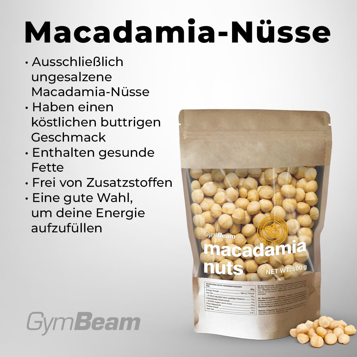 GymBeam Ungesalzene Macadamianüsse - Reich an gesunden Fetten & Ballaststoffen, frei von Zusatzstoffen, ideal als veganer Snack, fördert Energie & Gesundheit, buttriger Geschmack, 500g