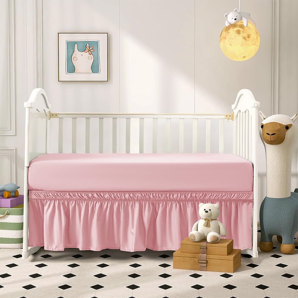 Nookzuzu 2 Piece Light Pink Crib Bed Skirt Fitted Sheet,Crib Sheet Bed Set for Toddlers Baby,52"x28" with 8" Pocket CribSheet,52"x28" with 14" Drop CribSkirt for Standard Toddler Bedding