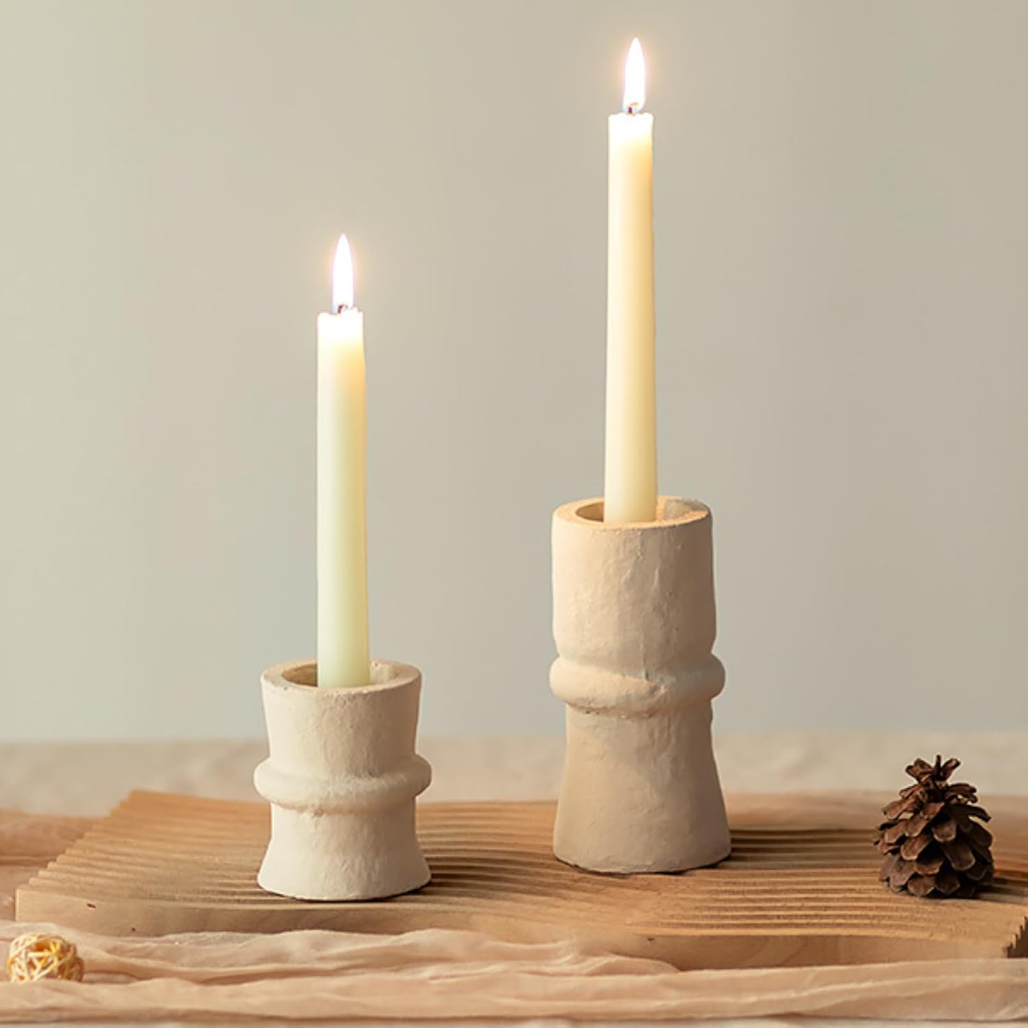 Romadedi Beige Paper Mache Taper Candle Holders, Set of 2