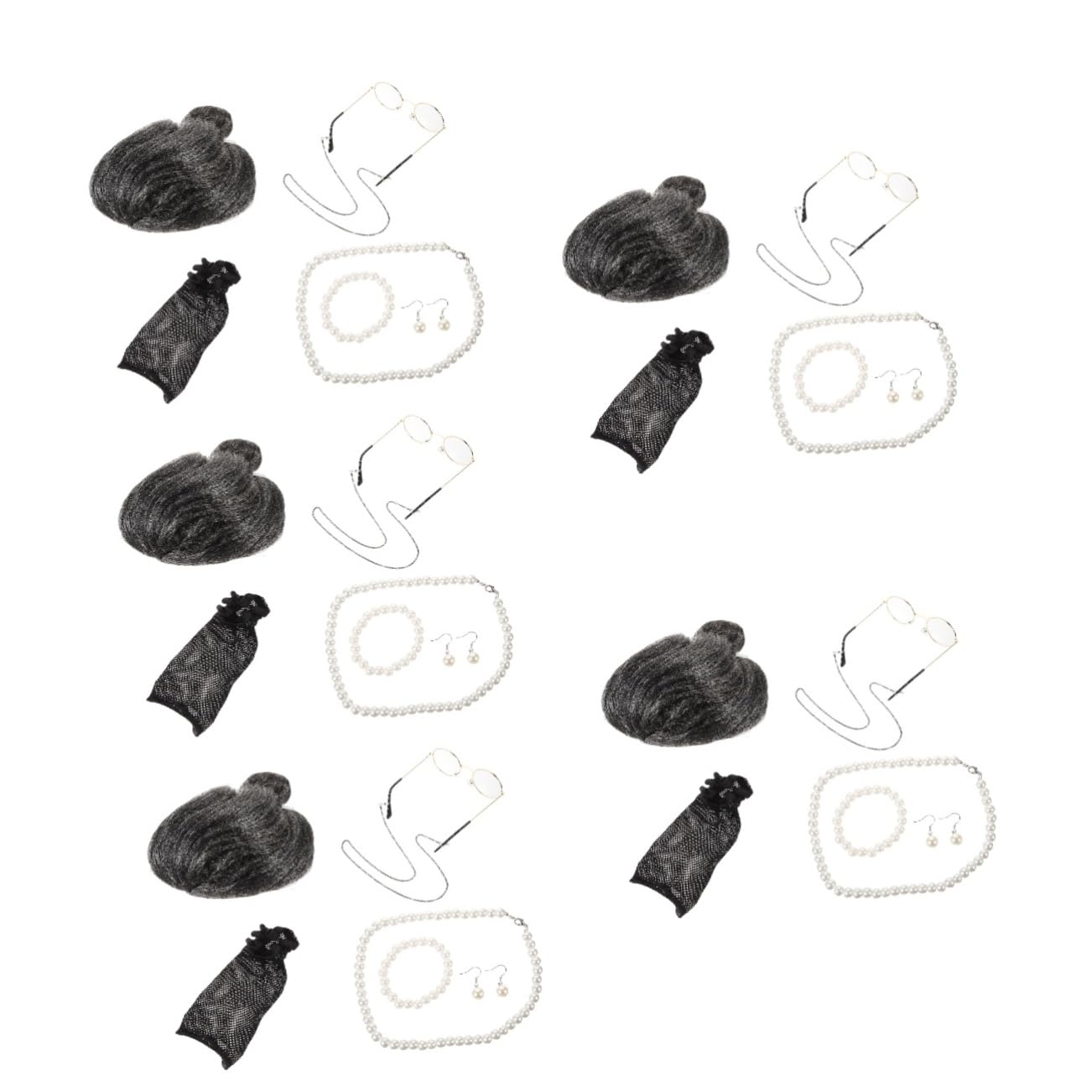 Healeved 5 Sätze Großmutter Perücke Kostüm Accessoires für Halloween und Karneval Teiliges Cosplay Set mit Brille und Perlenkette für Partys und Bühnenaufführungen