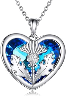 Scottish Thistle Necklace Sterling Silver Scottish Heart Crystal Pendant Necklace Thistle Jewelry Scottish Gifts for Women Girls, Sterling Silver, crystal
