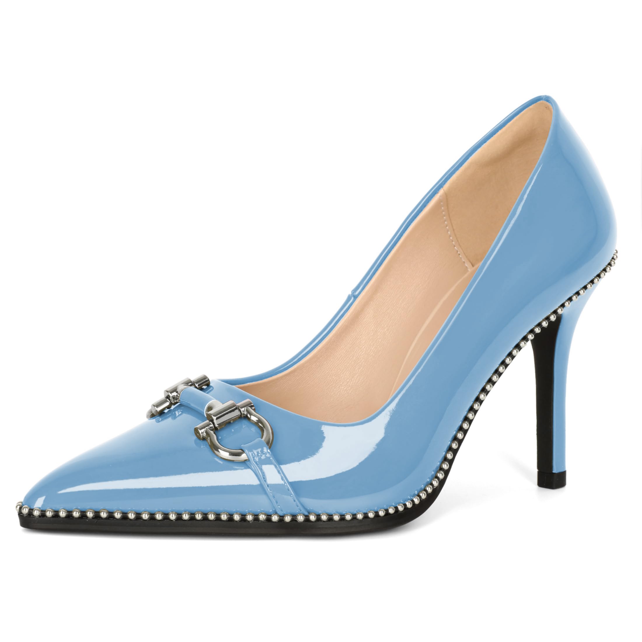 Soireelady Womens High Heel Beaded Pumps Closed Pointed Toe Stiletto Heels Buckle Bow Slip On Fashion Dress Shoes Patent 3.5 Inch