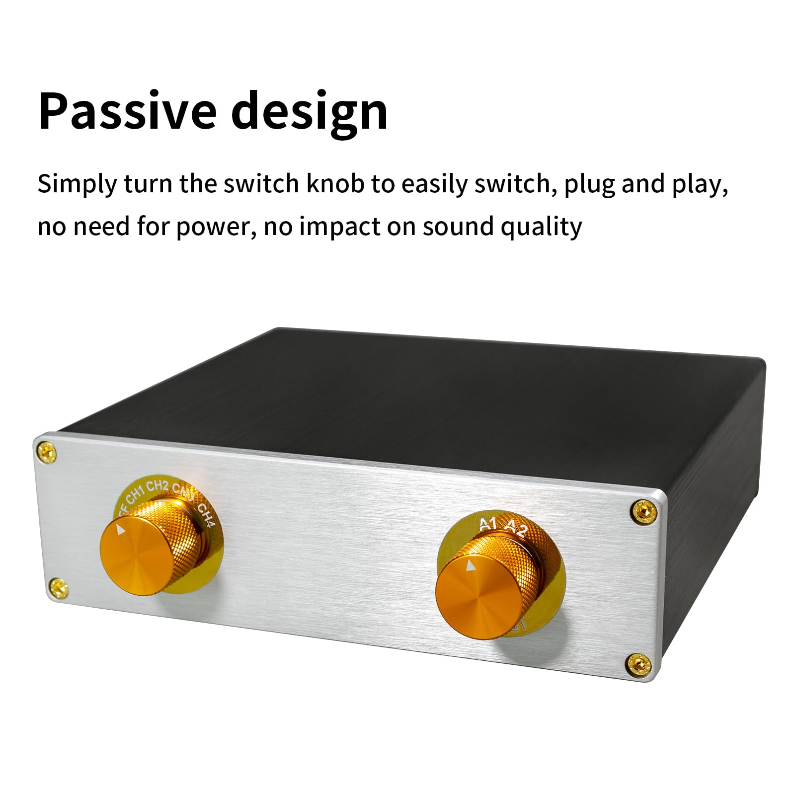RCA Audio Switch Box 4 in 2 out con selettore di uscita - Interruttore stereo passivo A/B, controllo indipendente dell'uscita a 2 vie, connettori RCA placcati oro e guscio in alluminio per sistema