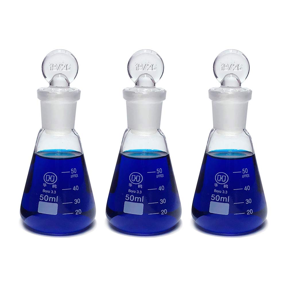 Huaou 50ml Scientific Erlenmeyer (Conical) Flask Set with Ground Glass Stopper, Graduated 3.3 Borosilicate Glass, Pack of 3