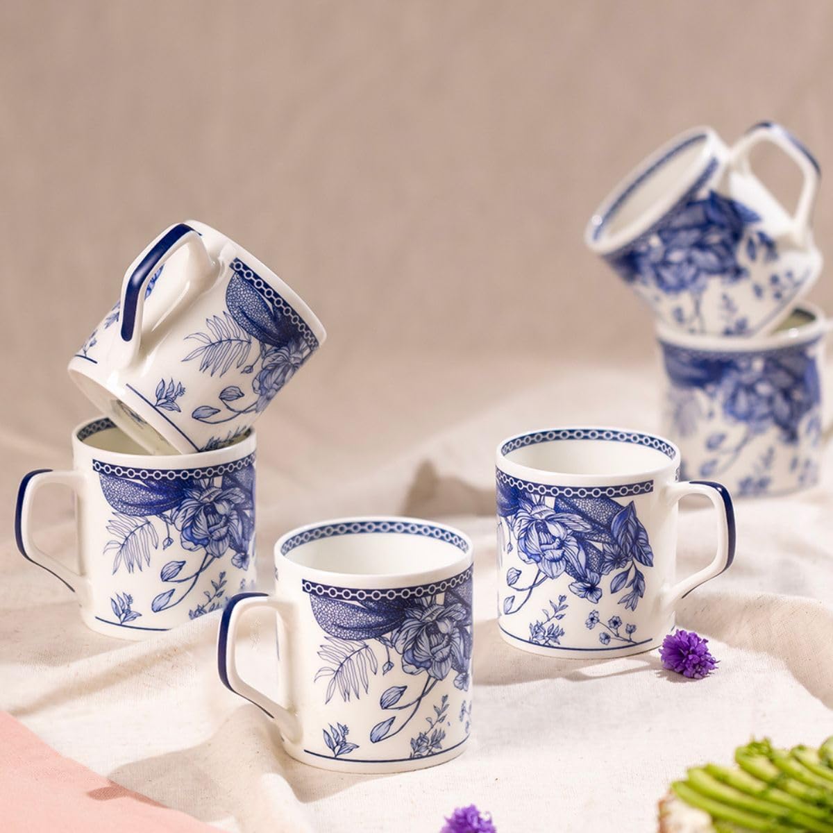 GOLDEN QUEEN'S Handcrafted Floral Tea Cups - Set of 6 | Perfect for Daily Use, Elevate Your Tea and Coffee Experience - Blue Palm