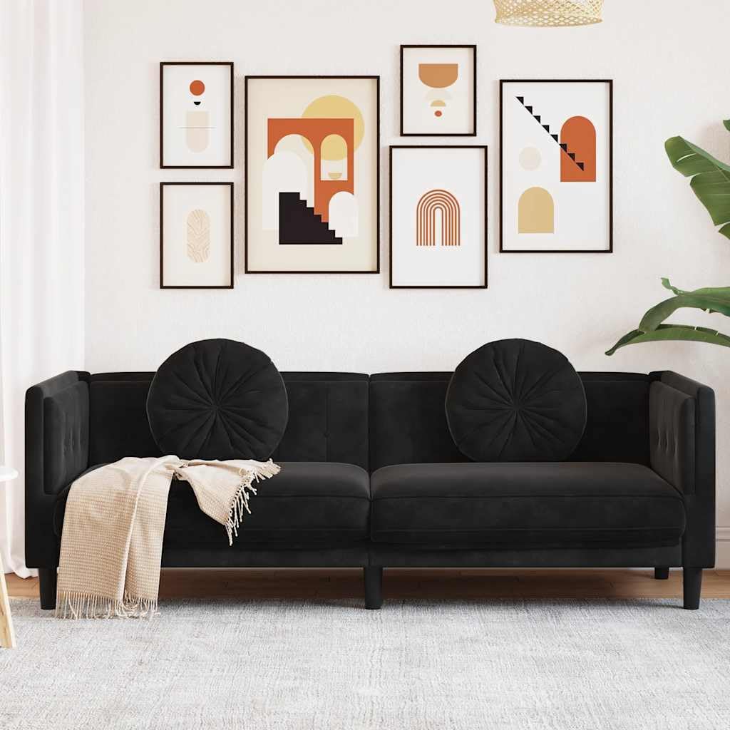 Sofa z poduszką, 3-osobowa, czarna aksamitna, szerokość 193,5 cm, miękka tkanina tapicerska, wygodna kanapa do salonu, wytrzymała