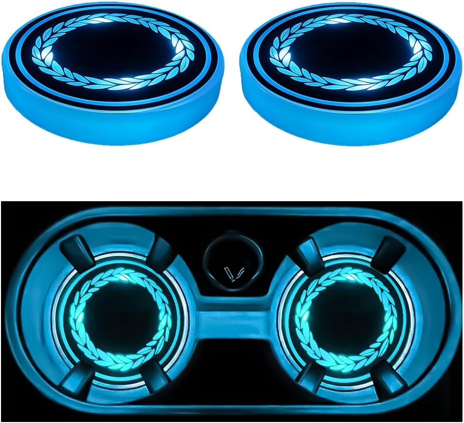 Mandark LED Car Cup Holder Lights, 2PCS Waterproof 7 Colors Changing Vehicle USB Charging Coaster Pad, Auto Interior Atmosphere Lamp Cup Mat Accessories, Universal for SUV Sedan Truck (Olive Strip)