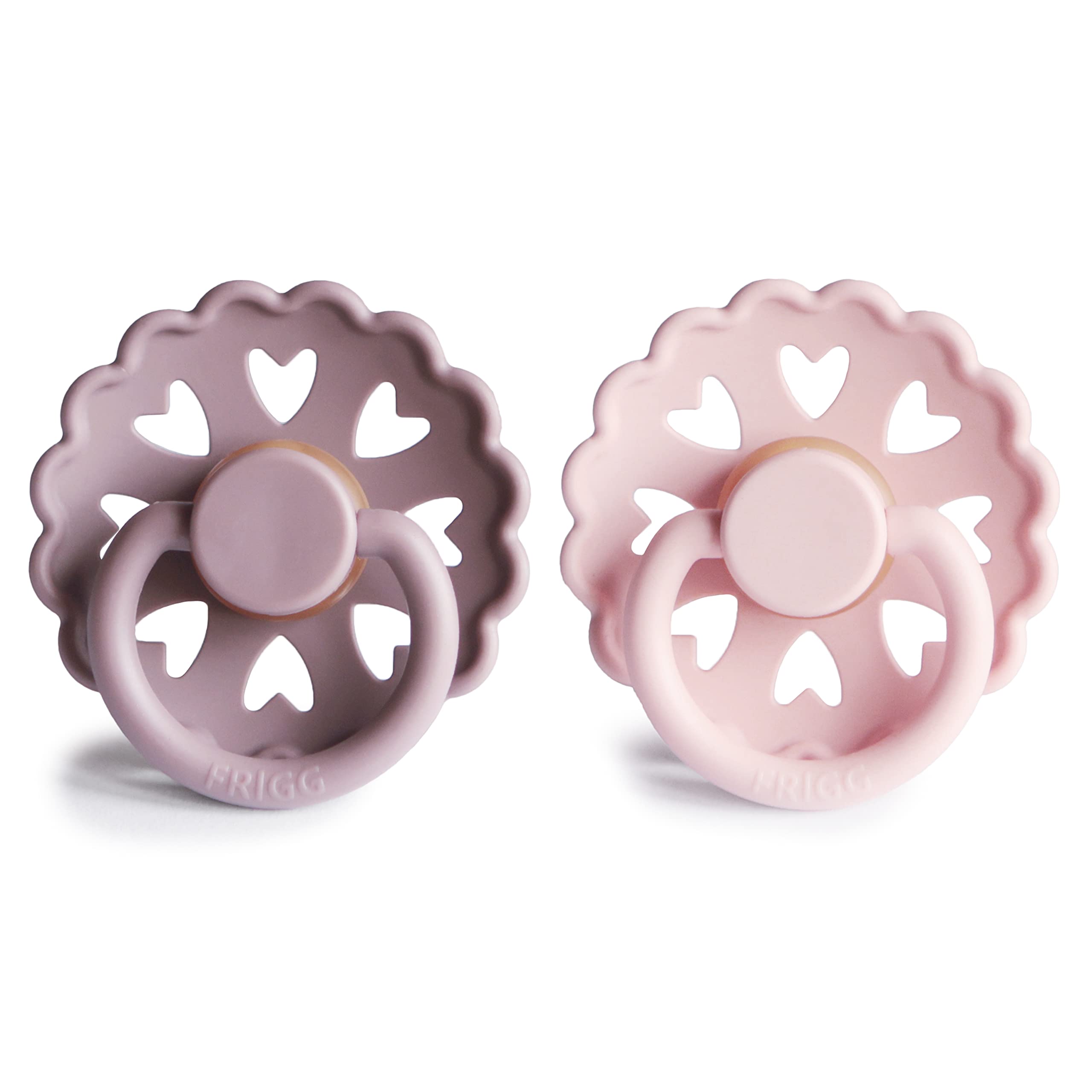 FRIGG Fairytale Smoczek lateksowy, 2 sztuki, nie zawiera BPA, wyprodukowano w Danii, symetryczny, w kształcie wiśni, fioletowy (Twilight Mauve) / biały bez (White Lilac), rozmiar 2 (6–18 miesięcy)