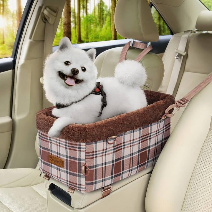 Center Console Dog Car Seat, Puppy Carseat for Small Dogs, Cat Car Seat with Metal Frame and Double Protection Seat Belts, Pet Booster Seat with
