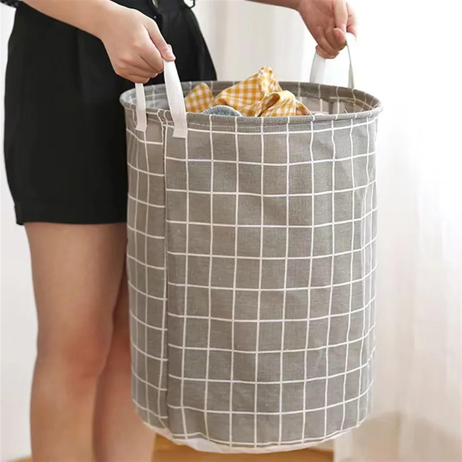 MRKU Cesta de Ropa Plegable Almacenamiento doméstico Cubo de Juguetes para Ropa Sucia Tela a Cuadros Algodón Lino Ropa Sucia Grande Plegable Impermeable