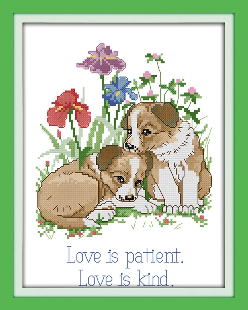 ABEUTY 11ct Pre Printed Cross Stitch Kits Puppy Dogs Flowers for Adults Beginners DIY Stamped Advanced Embroidery Sewing Starter Kit 28x39cm Needlework Set (Dogs)