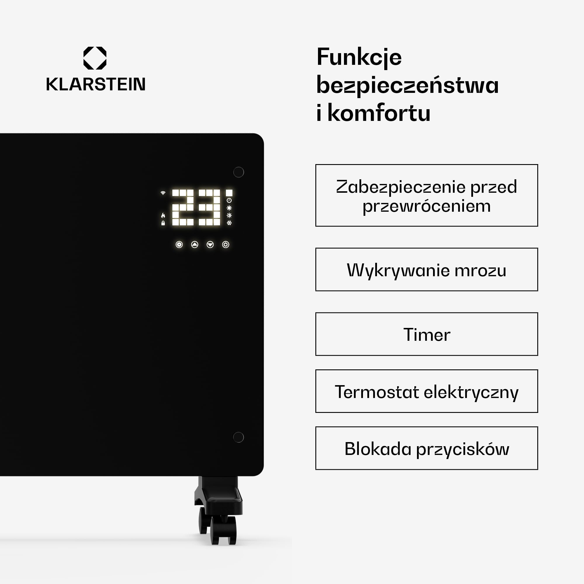 Klarstein Bornholm Konwektor Grzewczy 3000W, urządzenie stojące i montaż na ścianie, ciche, termostat, timer, aplikacja i pilot, blokada dziecięca, grzejnik elektryczny do pomieszczeń do 30m², czarny