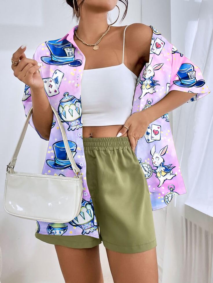 Princess Magical Shirt for Women Mad Tea Party Shirts Magic Hawaiian T-Shirt Fairy Tale Vacation Button up Tops2