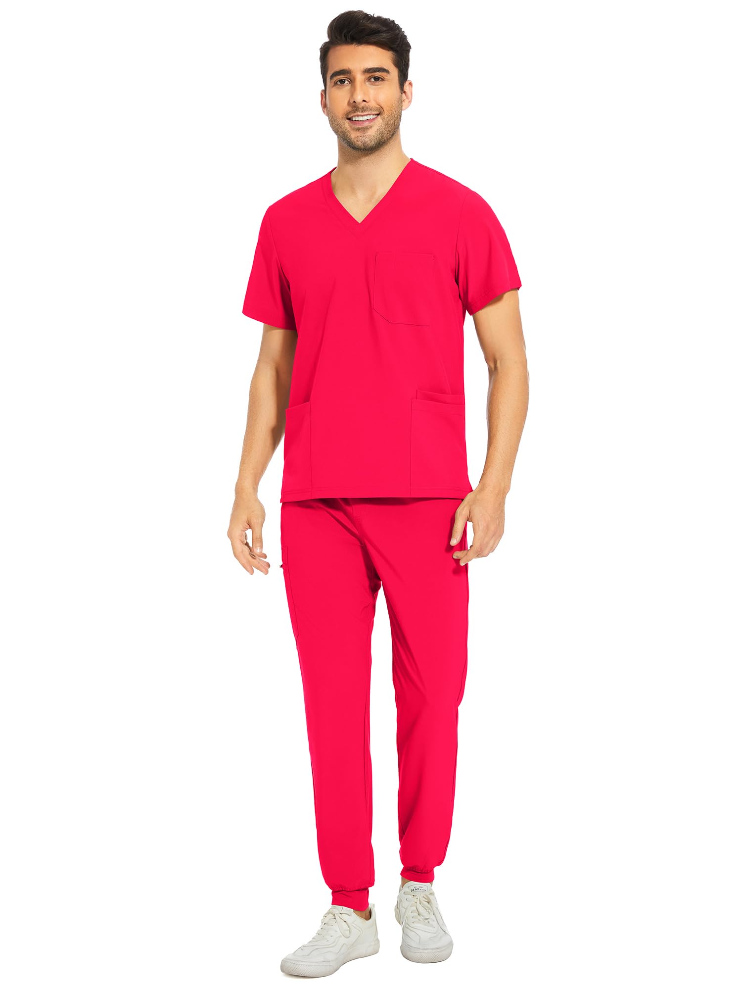 COZYFIT Men Scrubs Set - Stretch V-Neck Scrub Top & Jogger Pant with 8 Pockets, Yoga Waistband, Anti-Wrinkle Scrubs for Men