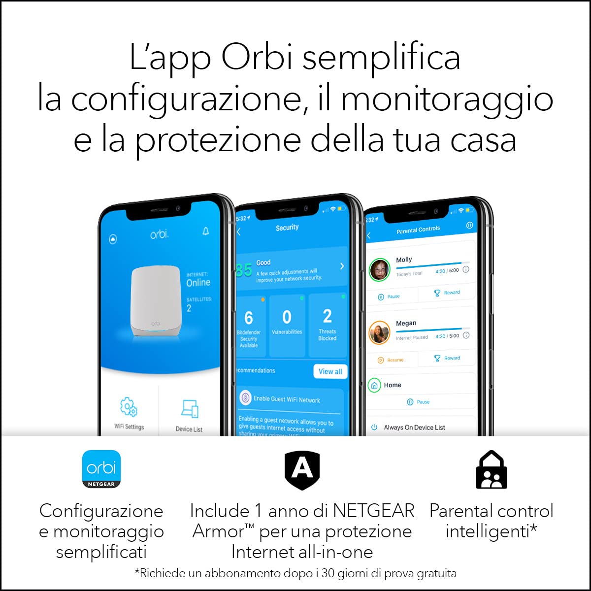 NETGEAR Orbi WiFi Mesh (RBK763S), Triband AX5400 Mesh WiFi 6 760 Serie, Velocità fino a 5.4 Gbps, Router con 2 satelliti, copertura fino a 525 m2 e 75 dispositivi, Kit da 3