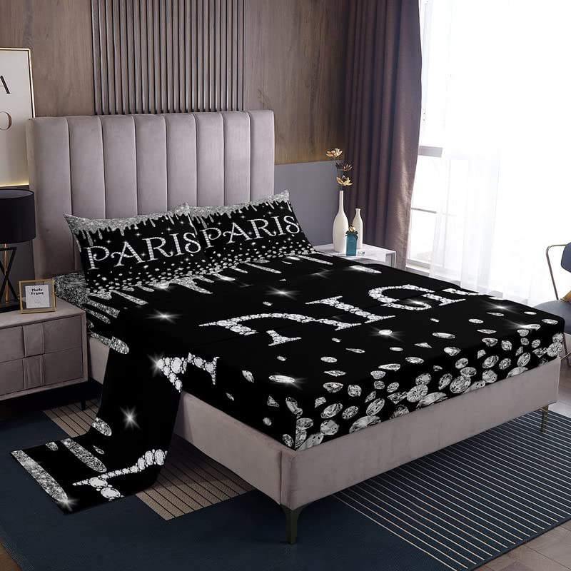 Eiffel Tower Sheet Set Paris Glitter (No Glitter No Sequin) Diamond Sheets with Deep Pocket Fitted Sheet for Girls Paris Decor Teens Black Silver Bed Sheets Set Breathable Bedding Set Room Decor Full