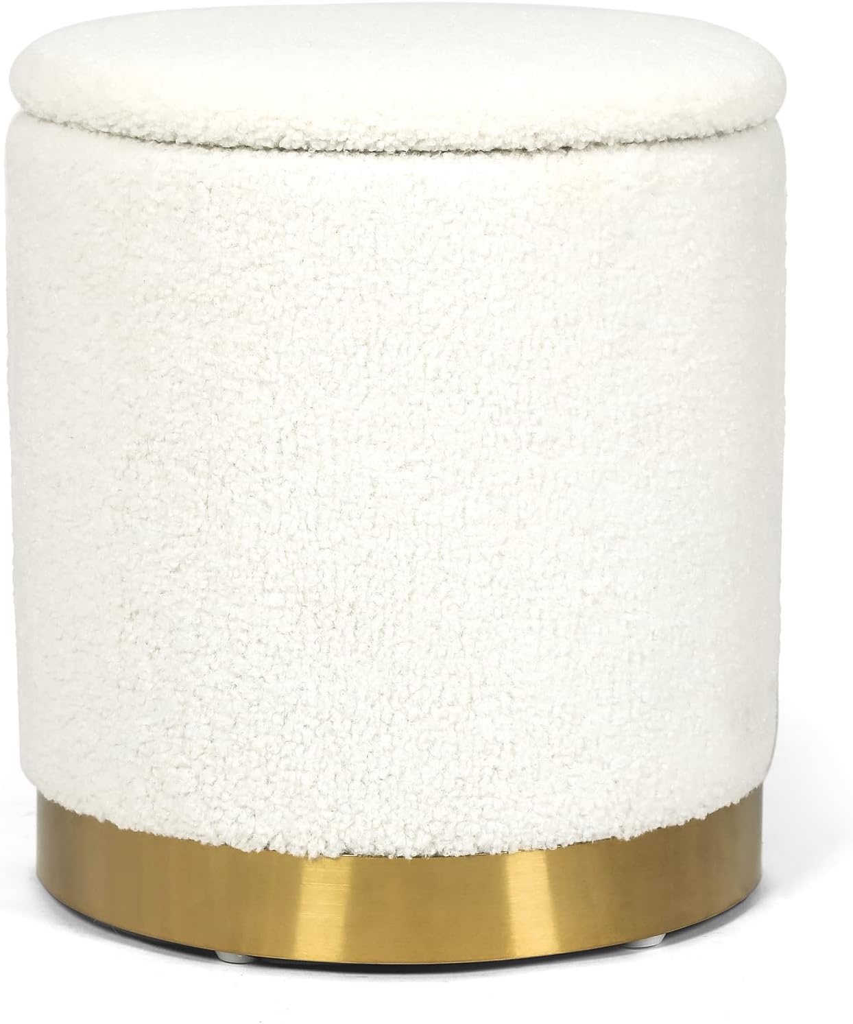 Joveco Boucle Round Ottoman with Storage,Vanity Stool with Storage for Bedroom, Ottoman Coffee Table,Small Boucle Foot Stool for Living Room, White with Gold Plating Base