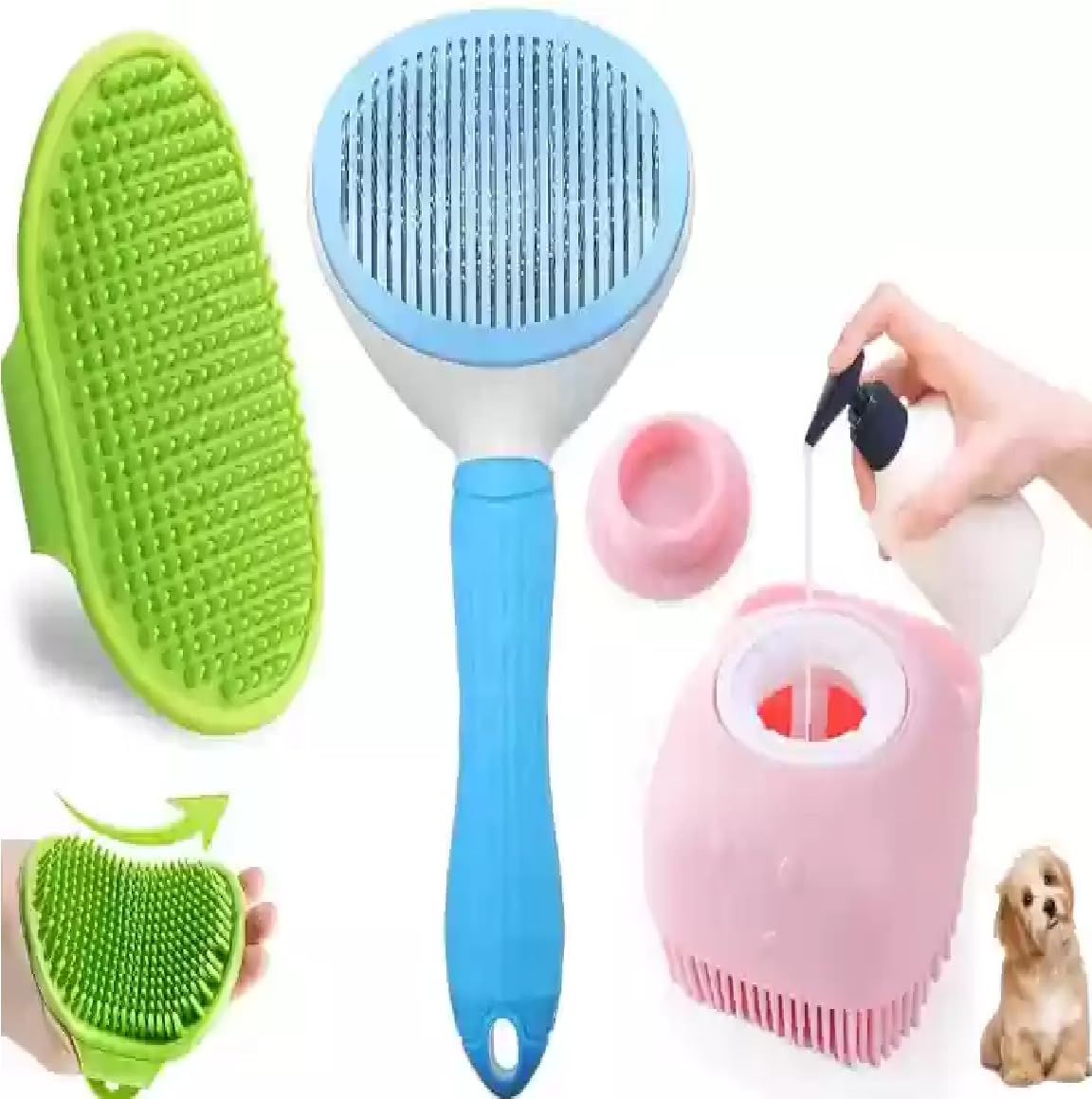 Tails Selbstreinigende Zupfbürste, Zeckenentferner, Dusche, Baden, Haustierbad, Massagebürste mit Seifen- und Shampoospender, weiche Silikonborsten für langhaarige Hunde und Katzen, 3 Stück