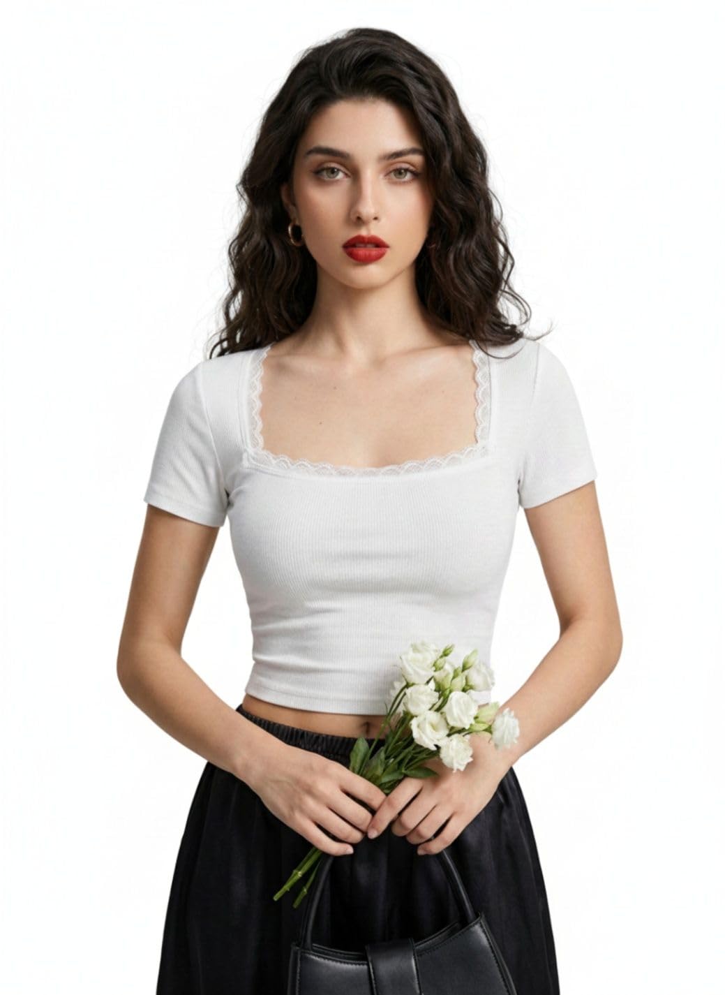 istyle can Women's Ribbed Square Neck Lace Trim Crop Top, Short Sleeve Solid Casual Top-picture-15