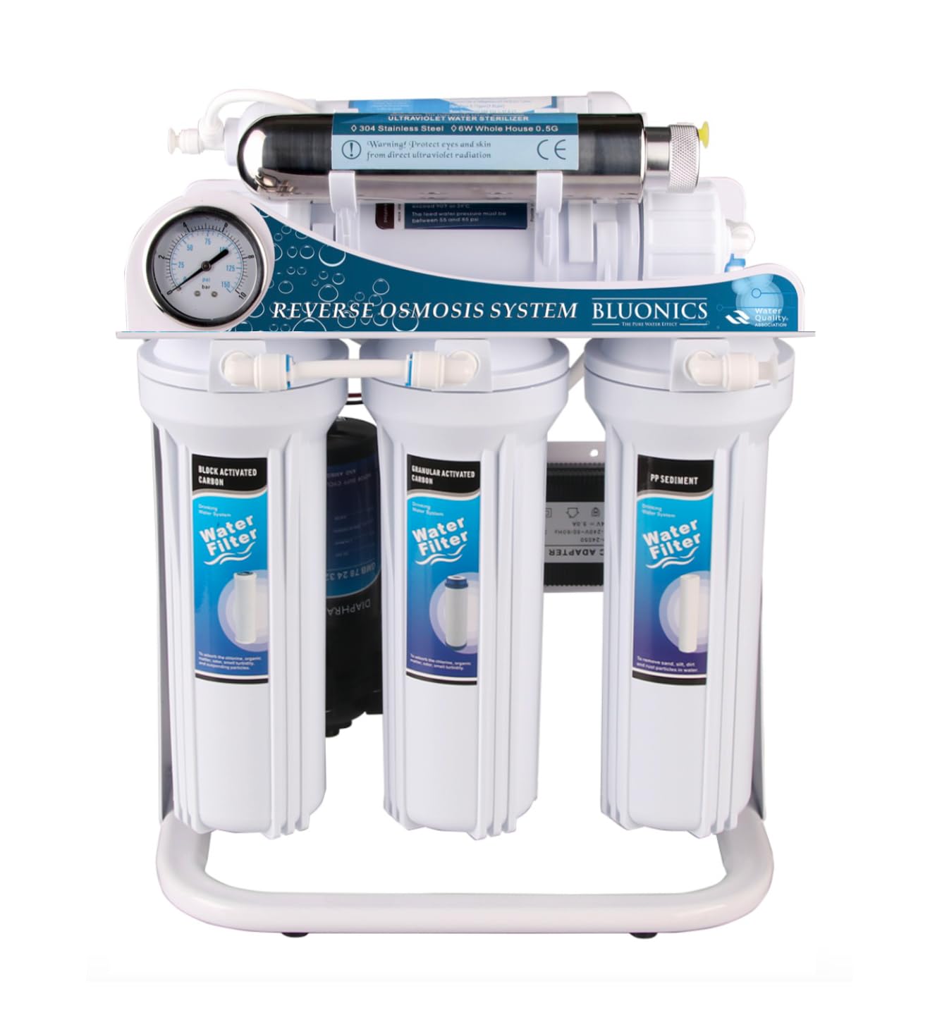 Bluonics Ultraviolet Reverse Osmosis 100GPD Water Filter System for Drinking Water with 6W Under Sink UV - 6 Stage 100GPD RO Filter NSF Certified Membrane and White Housings
