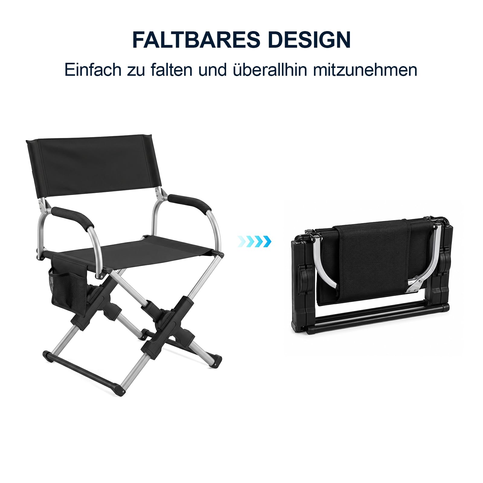 Faltbarer Campingstuhl mit Armlehnen und Rückenlehne, Schwerlast Outdoor Klappstuhl aus Aluminium, Tragbarer Angelstuhl für Camping, Picknick & Garten, Charcoal Schwarz