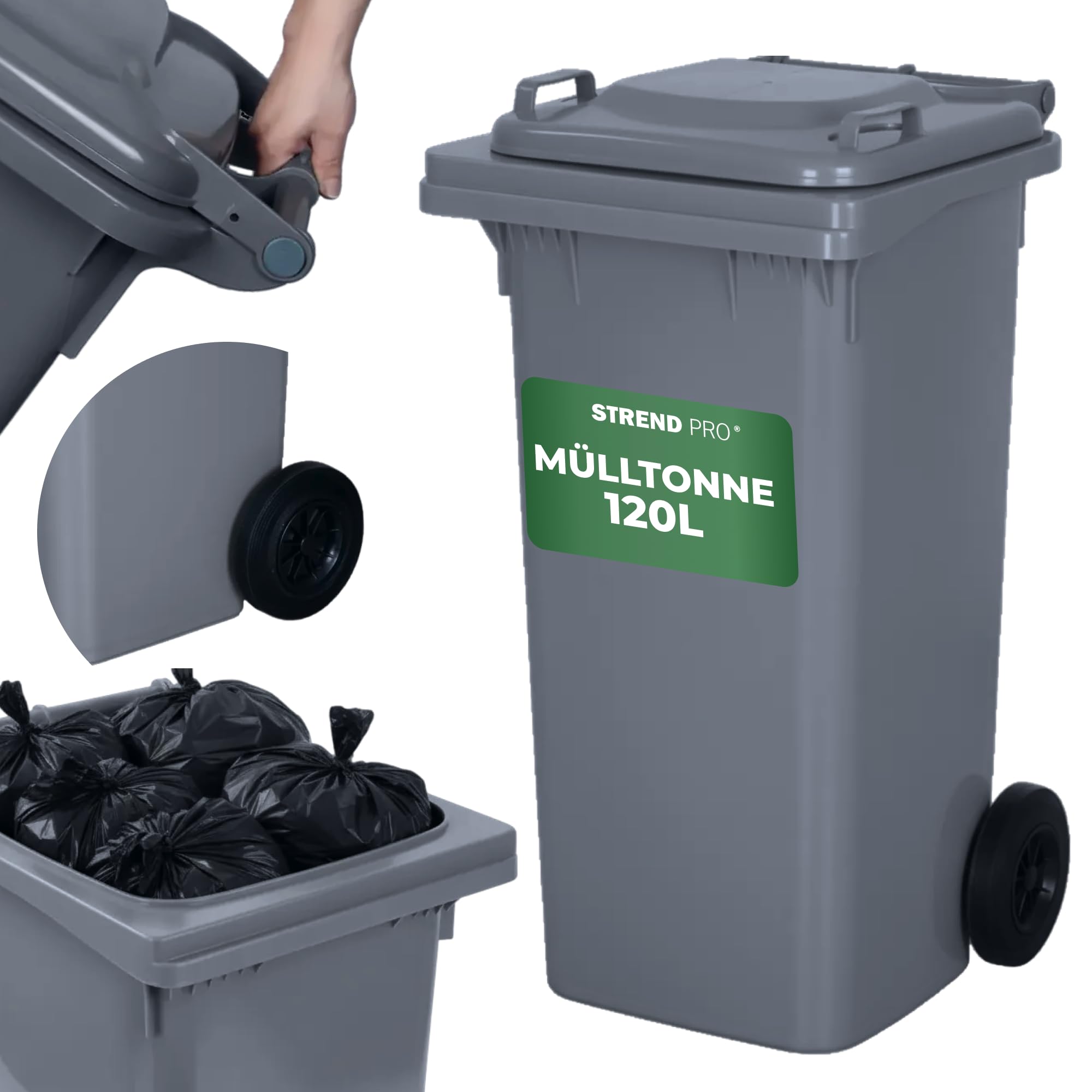 STREND PRO Mülltonne 120L Grau mit Deckel & Rädern