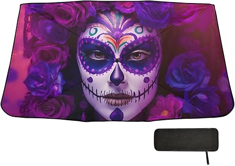 Windshield Sun Shade Umbrella Sugar Skull Floral Purple – Black Coating Protect Car from Sun Rays & Heat Damage Keep Cool Interior 55