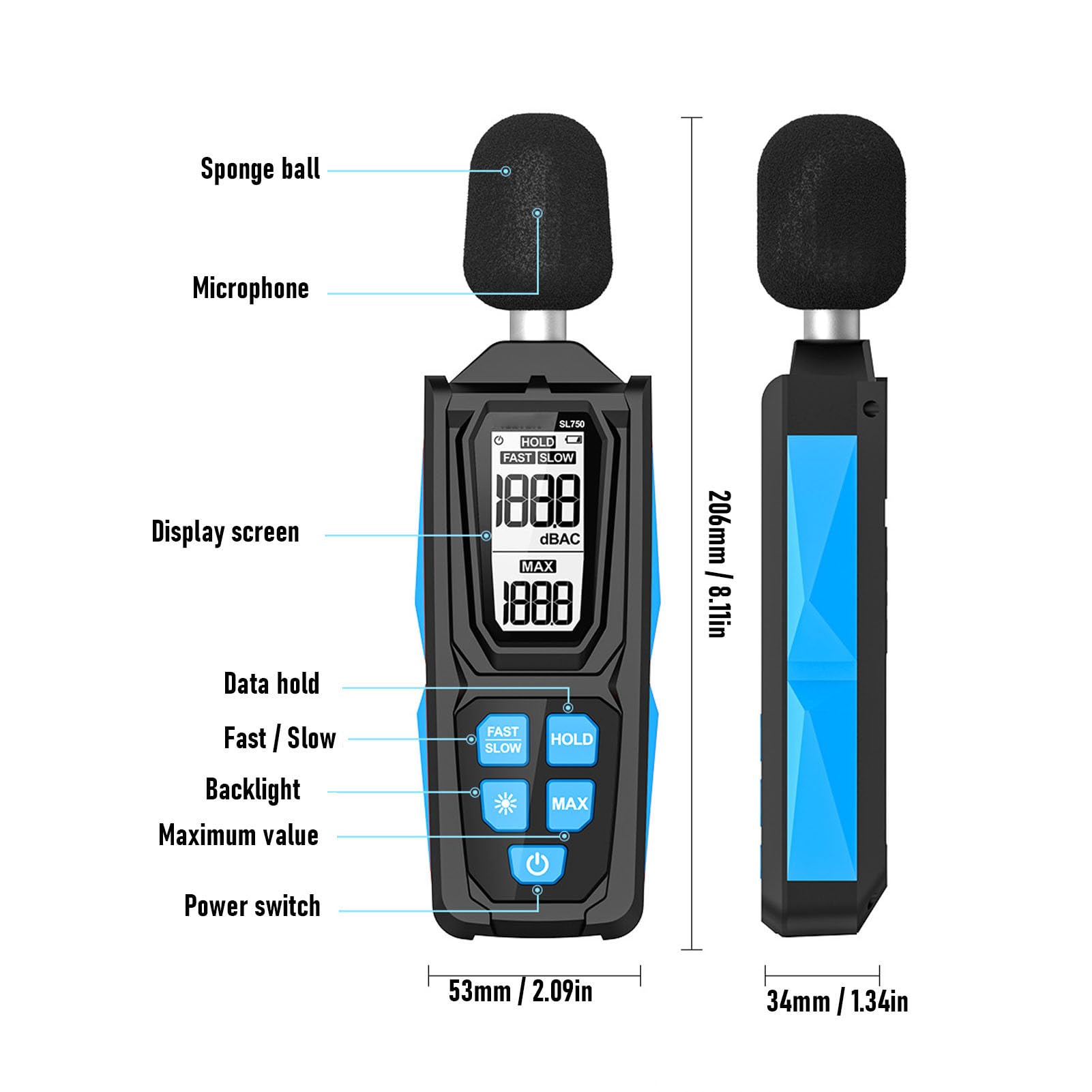 Eujgoov Medidor de Ruido HS-33 30‑130dB con Ponderación de A/C Rápida/lenta | Sonómetro portátil, precisión de 1,5 dB, retención de datos, reinicio del valor máximo, LCD de 4 dígitos, apagado automático