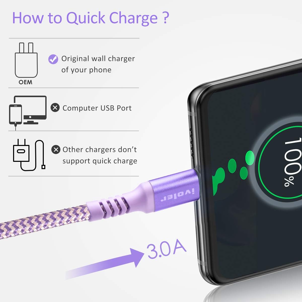 ivoler [3-Pack] USB C Cable, (3ftX2+6ft) Type C Fast Charger A to C Nylon Braided Cord for Samsung Note 10 9 S8 S9 S10 Plus, MacBook Air,iPad Pro 2018,Google Pixel 2 XL,LG, (Purple Pink)