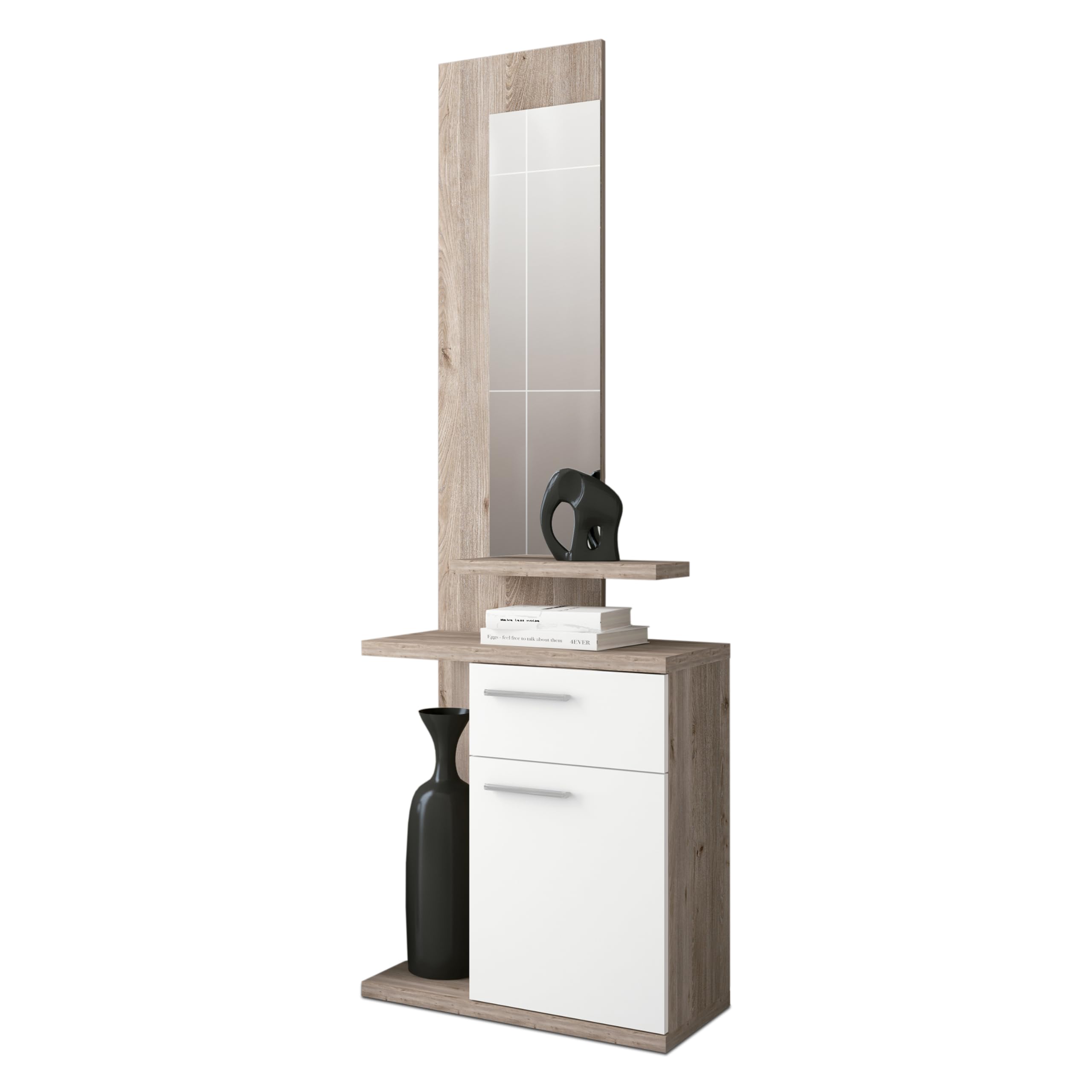 HomeSouth - Recibidor con un cajón y una Puerta, Mueble de Entrada con Espejo Acabado en Blanco y Nelson, Modelo Enter, Medidas: 60,5 x 68,5 x 27,8 cm de Fondo