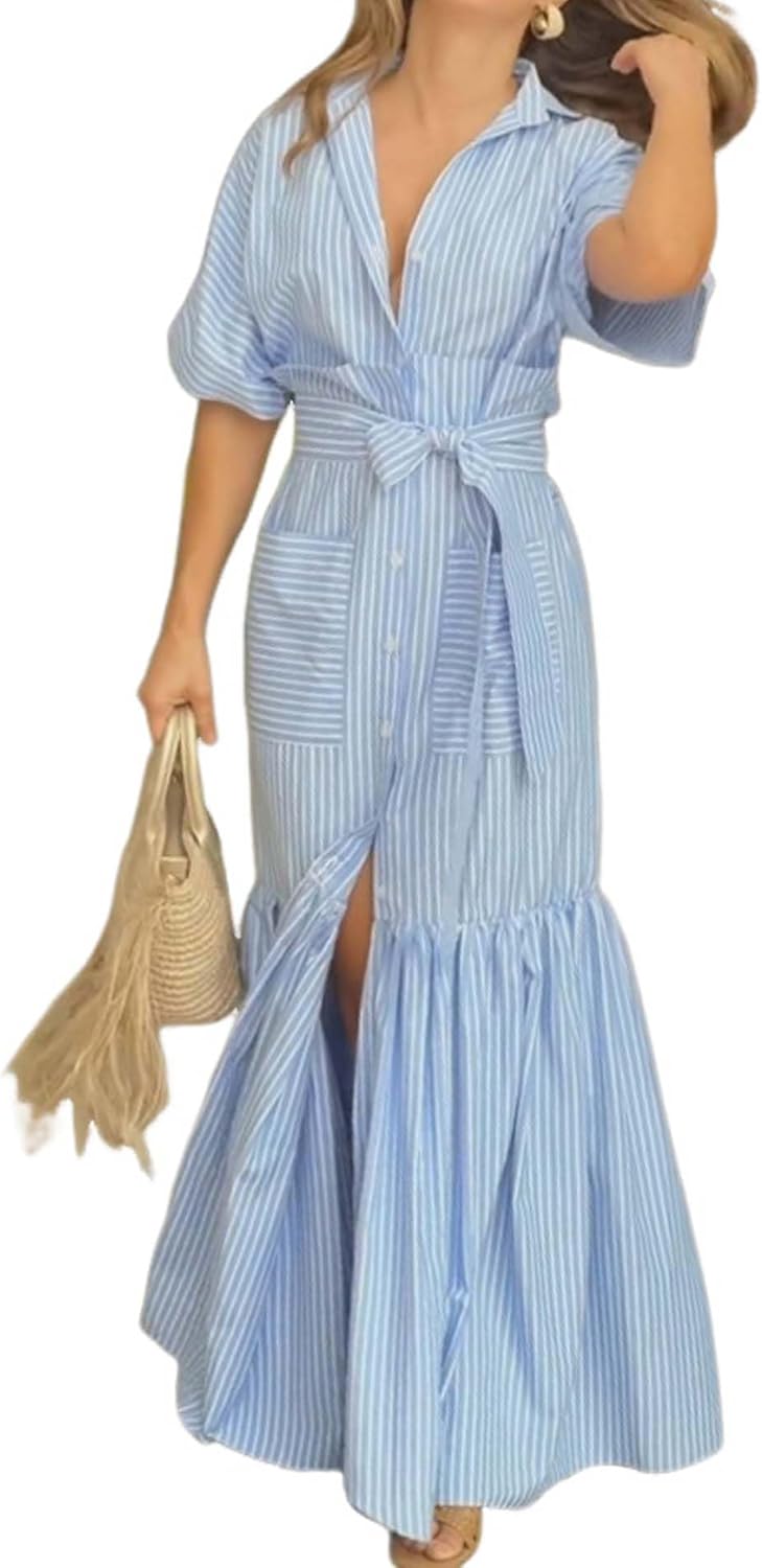 SOMTHRON Women's Summer Striped Shirt Dress Button Down Tie Waist Short Sleeve Pleated Maxi Dress with Pocket - Image 3