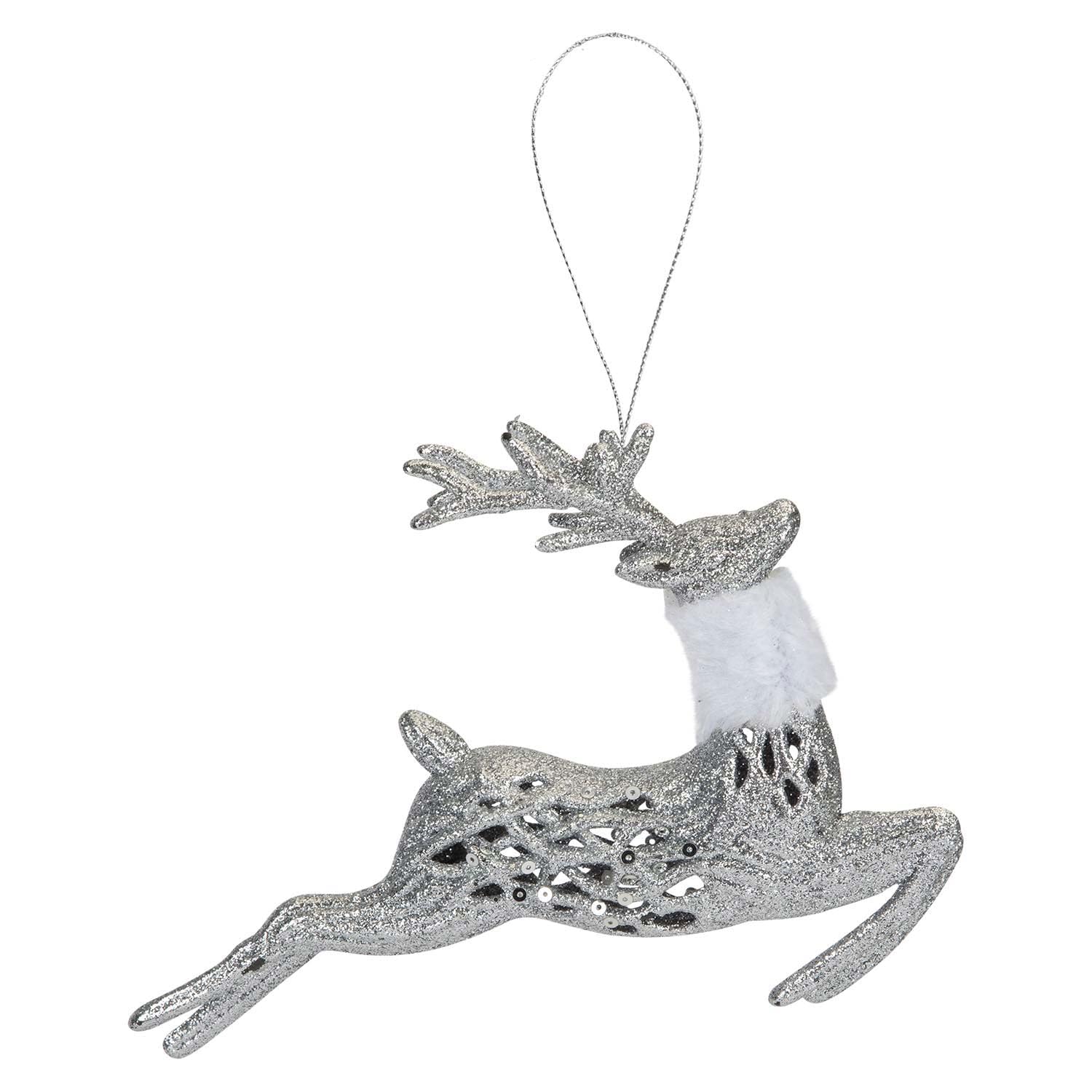 VFM e-Store - Christmas Glitter Reindeer Hanging Decoration Festive Indoor Xmas Ornaments - 17cm X 20cm Silver X 1