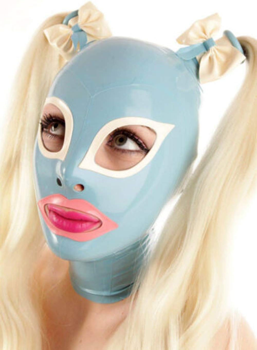 Sexy Blue Latex Hood with Double Pigtail Gummi Rubber Mask for Catsuit Party Wear Club Cosplay